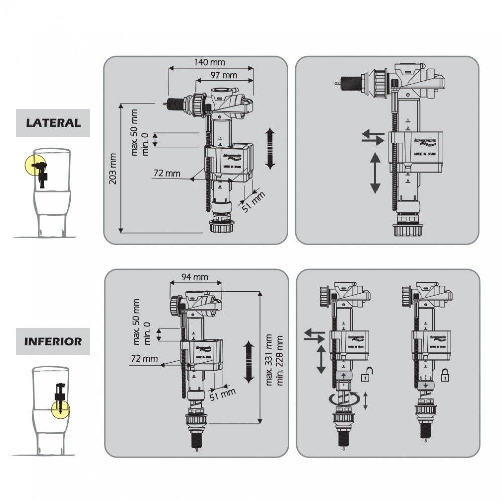 Mecanismo Alimentacion de Cisterna de Inodoro/WC, Valvula de Flotador  Lateral e Inferior